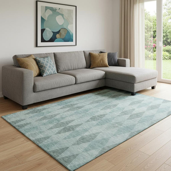 HomeRoots 9' X 12' Teal and Gray Geometric Area Rug – Washable, UV-Protected, Perfect for High-Traffic Spaces! 649383