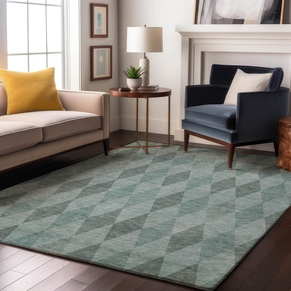 HomeRoots 10' X 14' Modern Teal & Gray Geometric Area Rug - Stain Resistant, UV Protected for Busy Homes 649384