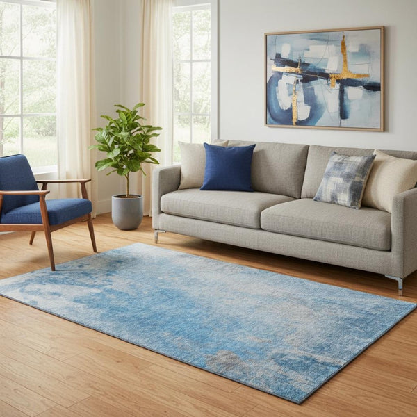HomeRoots 5' X 8' Abstract Washable Area Rug in Blue & Gray - Stain Resistant, UV Protected, Modern Design 649386