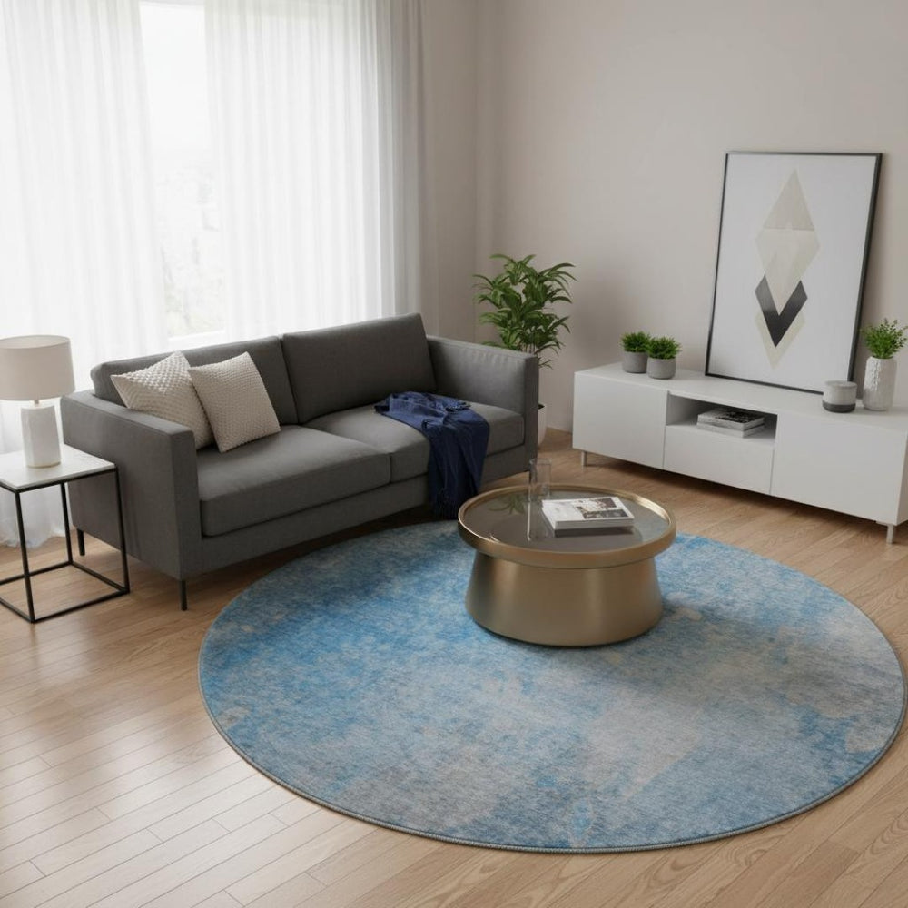 HomeRoots 8' Blue and Gray Abstract Washable Round Rug – Durable, Stain-Resistant, UV-Protected for Modern Spaces 649387