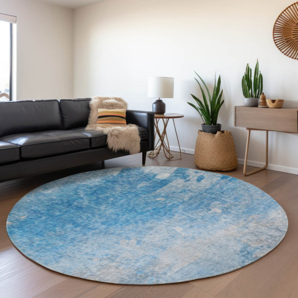 HomeRoots 8' Blue and Gray Abstract Washable Round Rug – Durable, Stain-Resistant, UV-Protected for Modern Spaces 649387