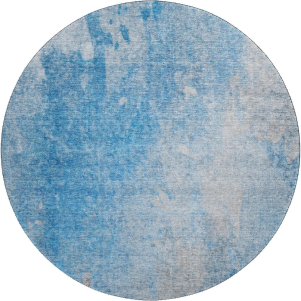 HomeRoots 8' Blue and Gray Abstract Washable Round Rug – Durable, Stain-Resistant, UV-Protected for Modern Spaces 649387