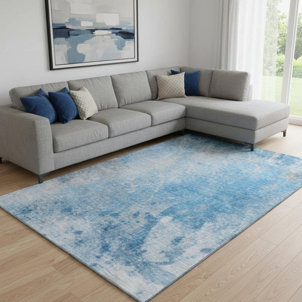 HomeRoots 9' X 12' Blue and Gray Abstract Area Rug - Washable, UV Protected, Stain Resistant for Busy Homes 649389