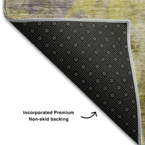 HomeRoots 8' Gold and Gray Abstract Washable Round Rug with UV Protection - Stylish, Durable, and Easy-Care Design 649393