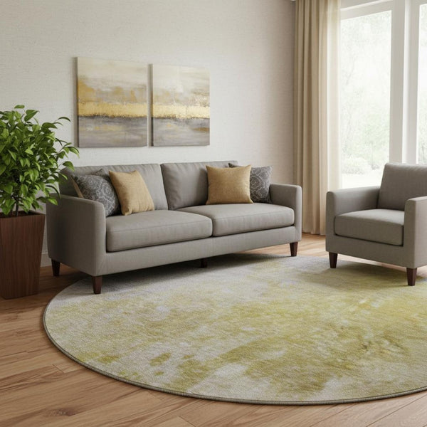 HomeRoots 8' Gold and Gray Abstract Washable Round Rug with UV Protection - Stylish, Durable, and Easy-Care Design 649393