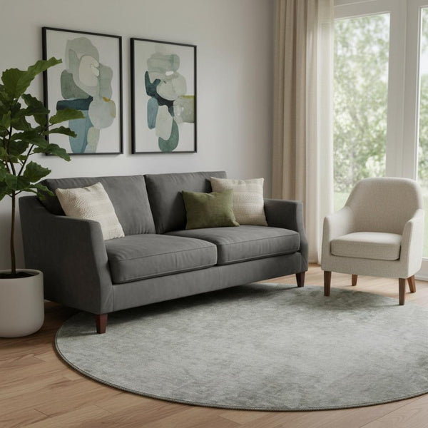 HomeRoots 8' Gray and Ivory Abstract Round Rug - Washable, UV Protected, Soft Polyester for Busy Homes 649399