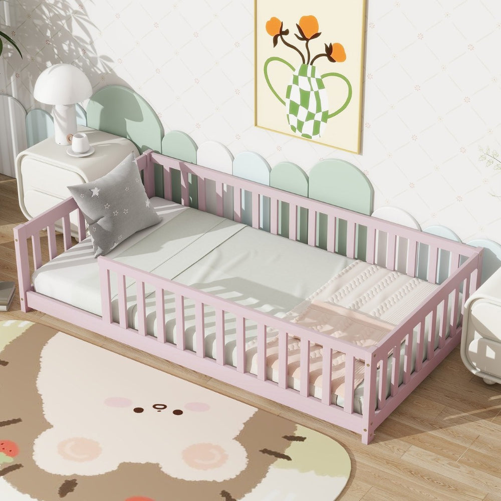 English Elm Twin Solid Rubberwood Floor Bed with Full Perimeter Safety Rails for Toddler Rooms Pink W504P296798