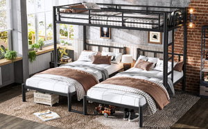 English Elm Twin Triple Bunk Bed Metal L-shaped Frame Sleeps Three Kids White Finish Black W1580S00615