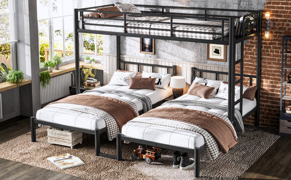 English Elm Twin Triple Bunk Bed Metal L-shaped Frame Sleeps Three Kids White Finish Black W1580S00615