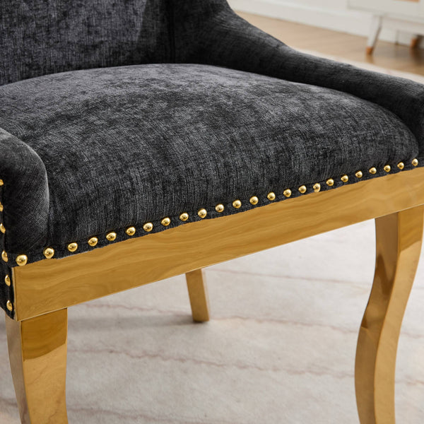 English Elm Chenille Plush Dining Chair with Curved Gold-Plated Legs, Rivet Trim, Textured Upholstery Comfort Black W1143P332685