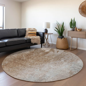 HomeRoots 8' Coffee and Gray Abstract Round Rug - Washable, UV Protected, Stain Resistant for Modern Homes 649405