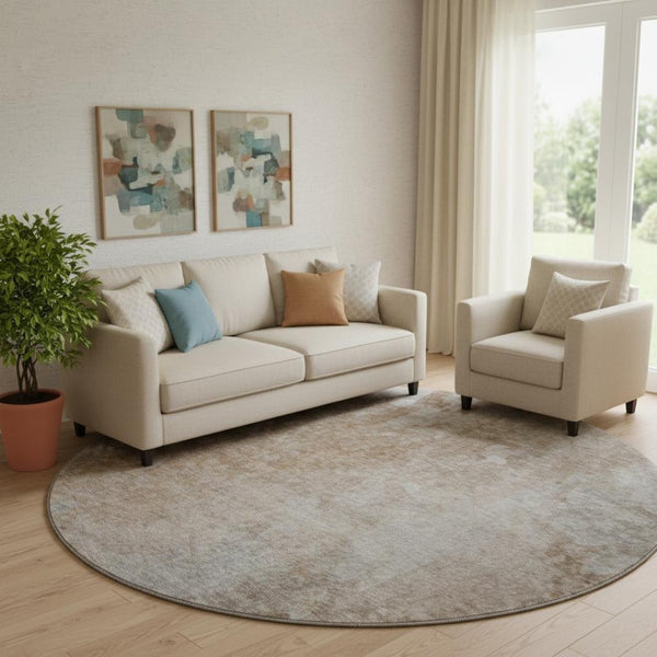 HomeRoots 8' Coffee and Gray Abstract Round Rug - Washable, UV Protected, Stain Resistant for Modern Homes 649405