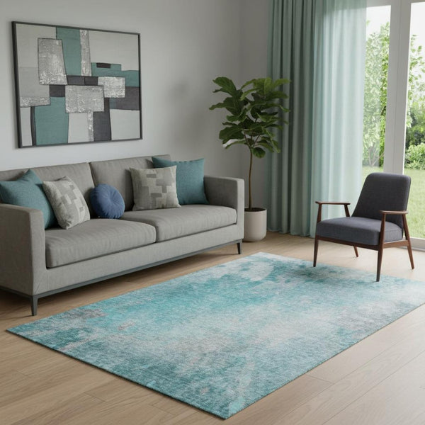 HomeRoots 5' X 8' Teal and Gray Abstract Area Rug - Washable, Stain-Resistant, UV Protection for Modern Homes 649410