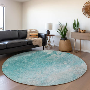 HomeRoots 8' Teal And Gray Abstract Round Rug – Durable, Washable, UV Protected, Ideal for Kids and Pets 649411