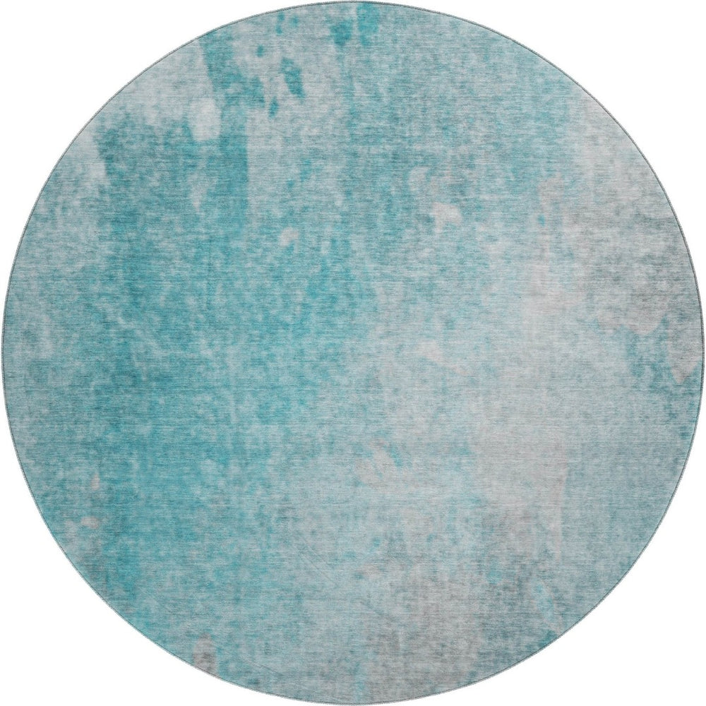HomeRoots 8' Teal And Gray Abstract Round Rug – Durable, Washable, UV Protected, Ideal for Kids and Pets 649411