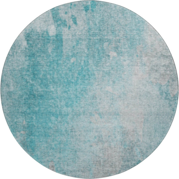 HomeRoots 8' Teal And Gray Abstract Round Rug – Durable, Washable, UV Protected, Ideal for Kids and Pets 649411
