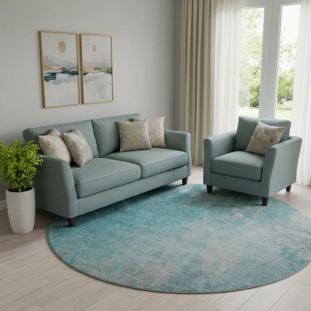 HomeRoots 8' Teal And Gray Abstract Round Rug – Durable, Washable, UV Protected, Ideal for Kids and Pets 649411