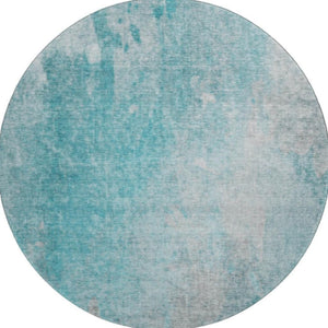 HomeRoots 8' Teal And Gray Abstract Round Rug – Durable, Washable, UV Protected, Ideal for Kids and Pets 649411