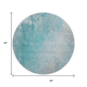 HomeRoots 8' Teal And Gray Abstract Round Rug – Durable, Washable, UV Protected, Ideal for Kids and Pets 649411