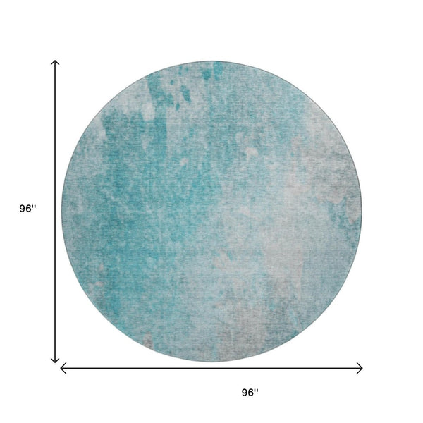 HomeRoots 8' Teal And Gray Abstract Round Rug – Durable, Washable, UV Protected, Ideal for Kids and Pets 649411