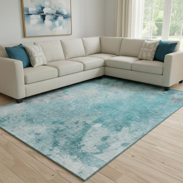 HomeRoots 8' X 10' Teal and Gray Abstract Washable Area Rug - Stylish, Durable, and Easy-Care for Modern Homes 649412