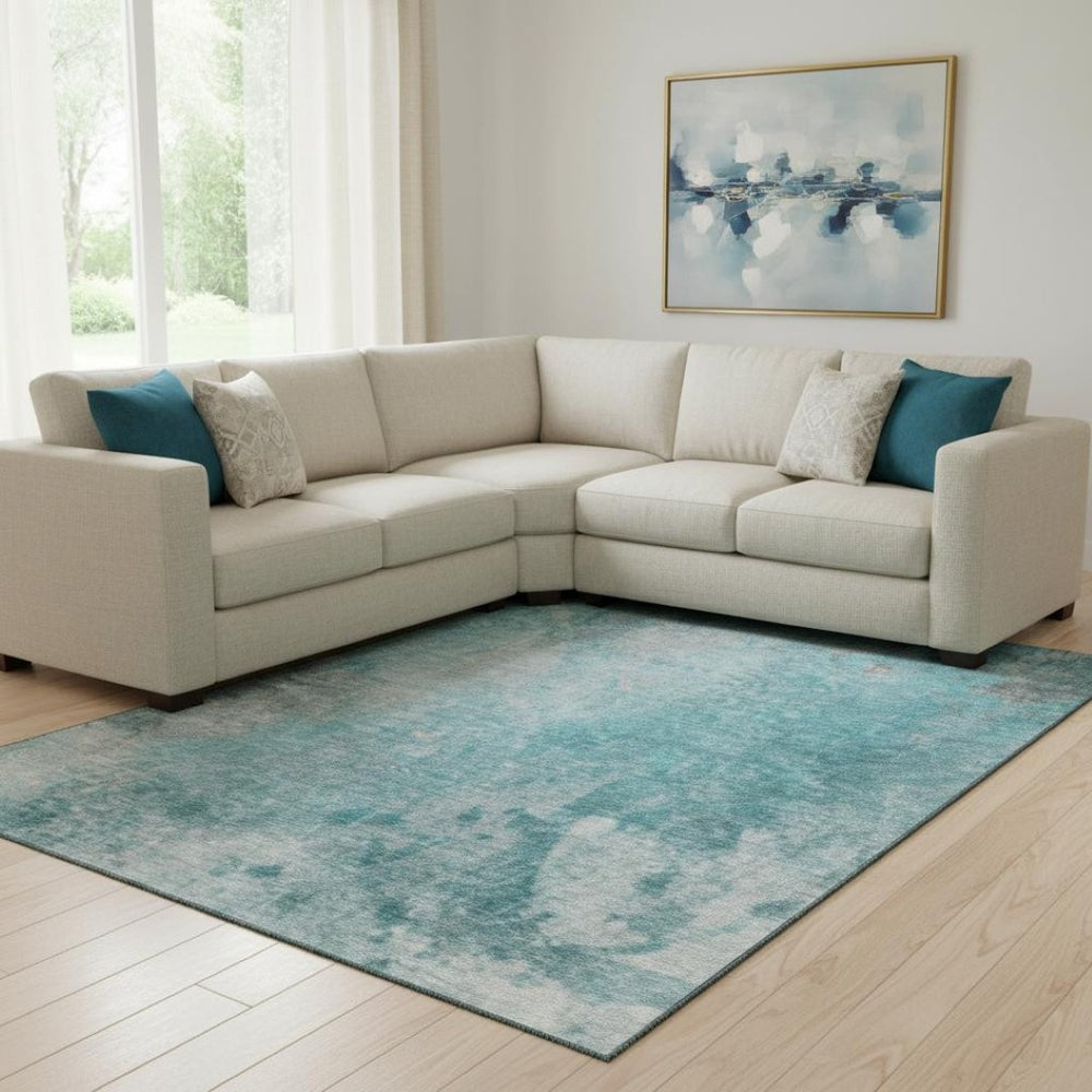 HomeRoots 9' X 12' Teal and Gray Abstract Washable Area Rug - Durable, UV Protected, Perfect for Busy Spaces! 649413
