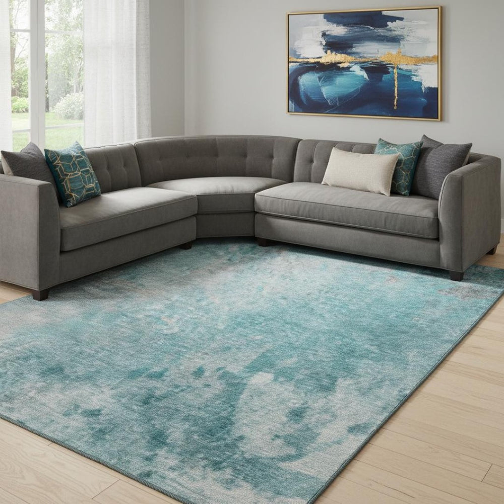 HomeRoots 10' X 14' Modern Teal and Gray Abstract Washable Area Rug - UV Protected, Stain Resistant & Soft! 649414