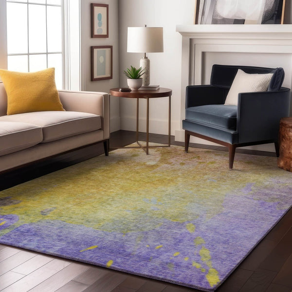 HomeRoots 5' X 8' Stylish Wheat And Purple Abstract Washable Area Rug With UV Protection For Everyday Use 649416