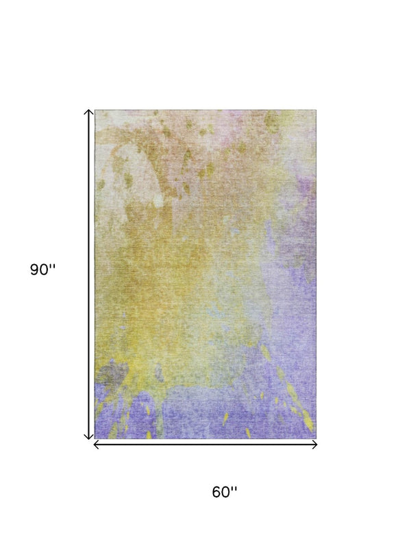 HomeRoots 5' X 8' Stylish Wheat And Purple Abstract Washable Area Rug With UV Protection For Everyday Use 649416