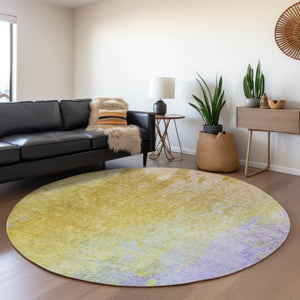 HomeRoots 8' Wheat and Purple Abstract Washable Round Rug - UV Protected, Soft, Durable & Stain Resistant Design 649417