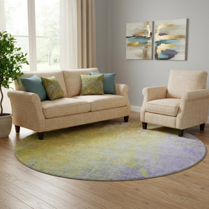 HomeRoots 8' Wheat and Purple Abstract Washable Round Rug - UV Protected, Soft, Durable & Stain Resistant Design 649417