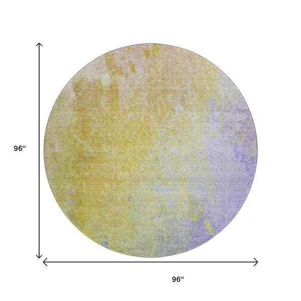 HomeRoots 8' Wheat and Purple Abstract Washable Round Rug - UV Protected, Soft, Durable & Stain Resistant Design 649417