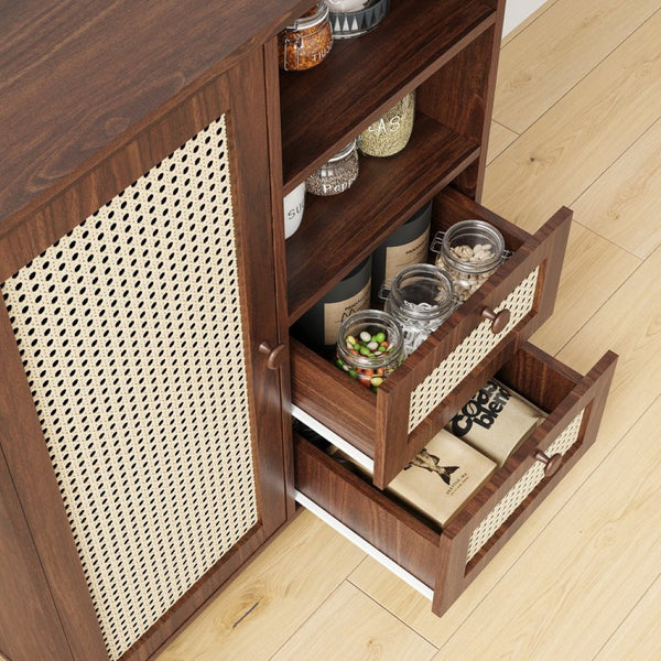 English Elm Rattan Cane Front Sideboard with Drawers Adjustable Shelf Bohemian Storage Cabinet Walnut T3623P434733
