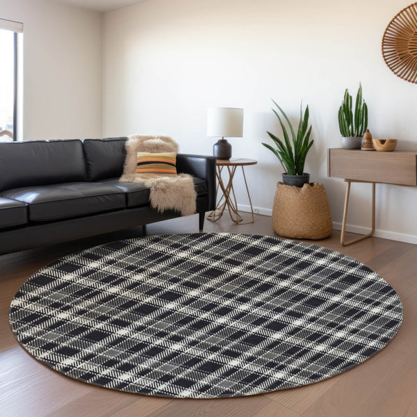 HomeRoots 8' Black And Ivory Plaid Round Rug - Washable, UV-Protected, Durable, Perfect for High-Traffic Areas 649423