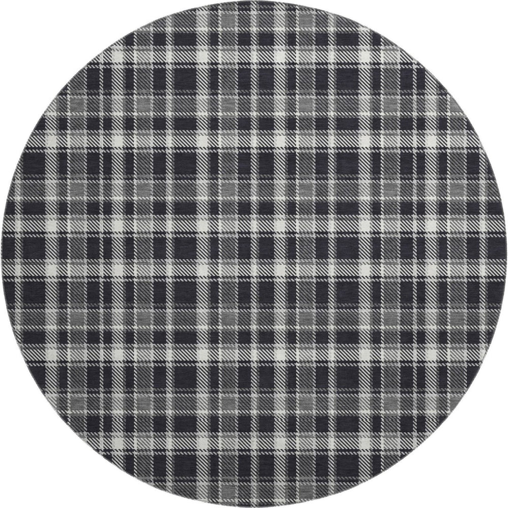 HomeRoots 8' Black And Ivory Plaid Round Rug - Washable, UV-Protected, Durable, Perfect for High-Traffic Areas 649423