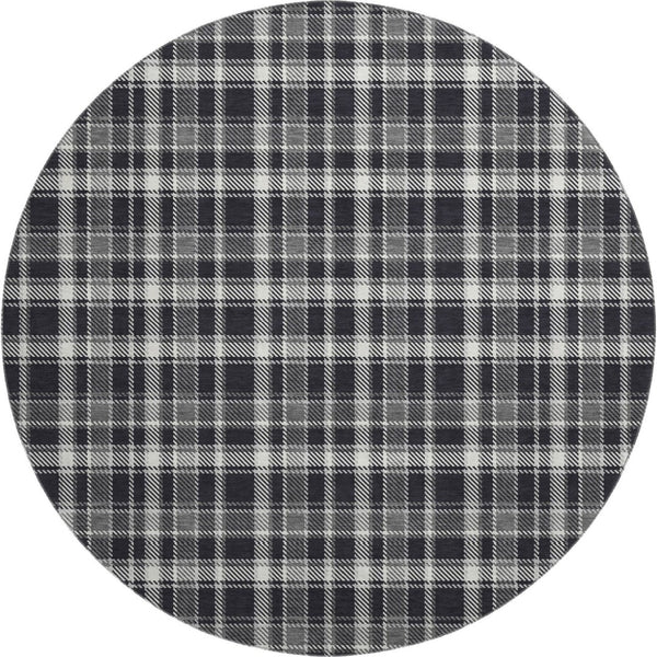 HomeRoots 8' Black And Ivory Plaid Round Rug - Washable, UV-Protected, Durable, Perfect for High-Traffic Areas 649423