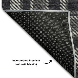 HomeRoots 8' Black And Ivory Plaid Round Rug - Washable, UV-Protected, Durable, Perfect for High-Traffic Areas 649423