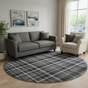 HomeRoots 8' Black And Ivory Plaid Round Rug - Washable, UV-Protected, Durable, Perfect for High-Traffic Areas 649423