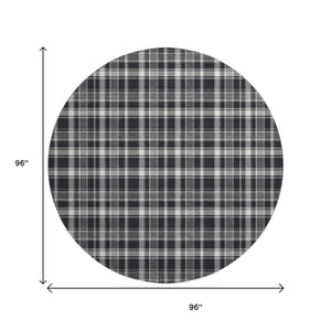 HomeRoots 8' Black And Ivory Plaid Round Rug - Washable, UV-Protected, Durable, Perfect for High-Traffic Areas 649423