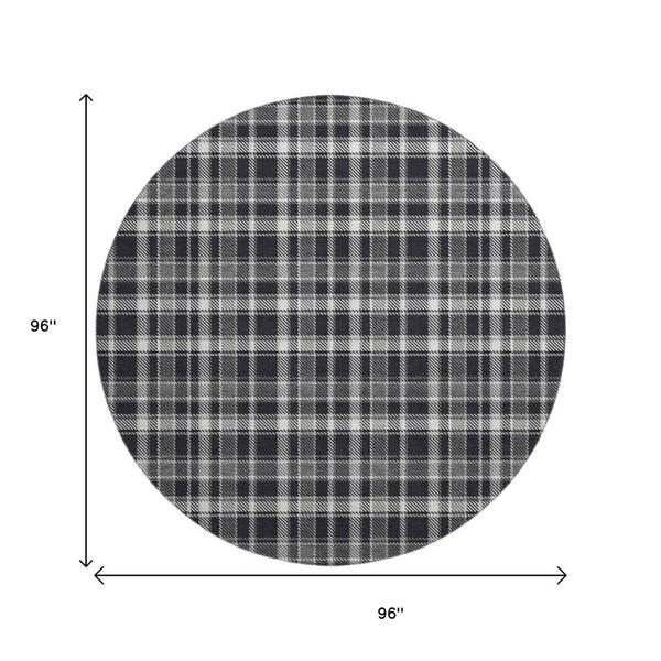 HomeRoots 8' Black And Ivory Plaid Round Rug - Washable, UV-Protected, Durable, Perfect for High-Traffic Areas 649423