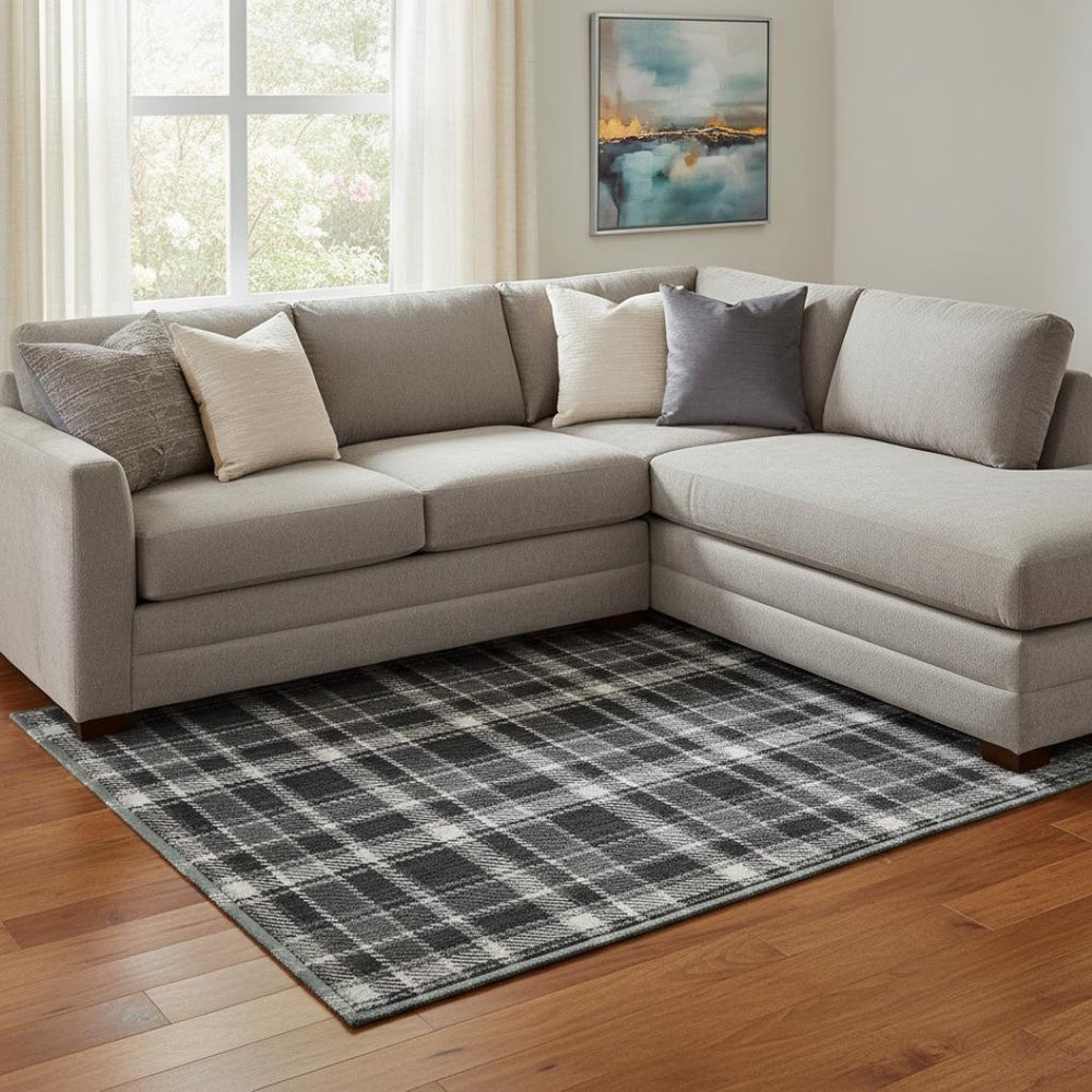 HomeRoots 8' X 10' Black and Ivory Plaid Area Rug - Washable, Stain Resistant, UV Protected for High-Traffic Rooms 649424