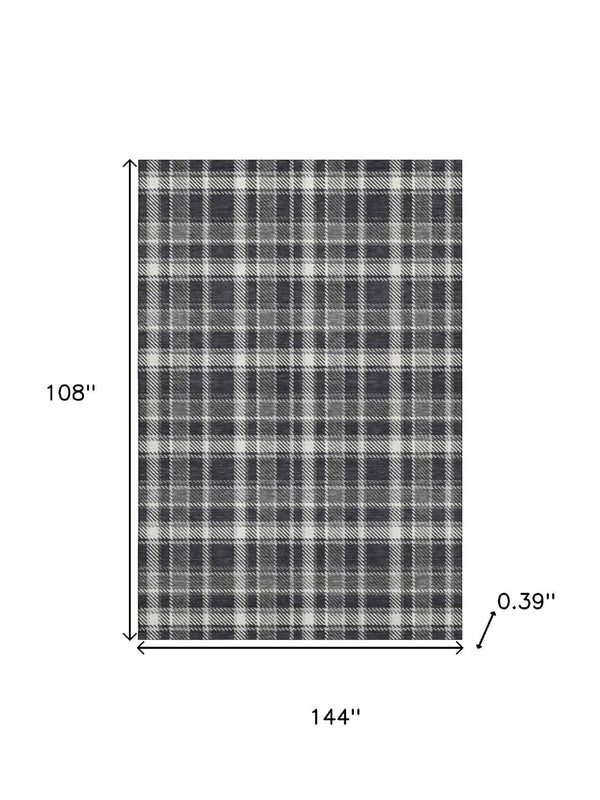 HomeRoots 9' X 12' Classic Black and Ivory Plaid Area Rug – Washable, UV Resistant, Perfect for High-Traffic Spaces 649425