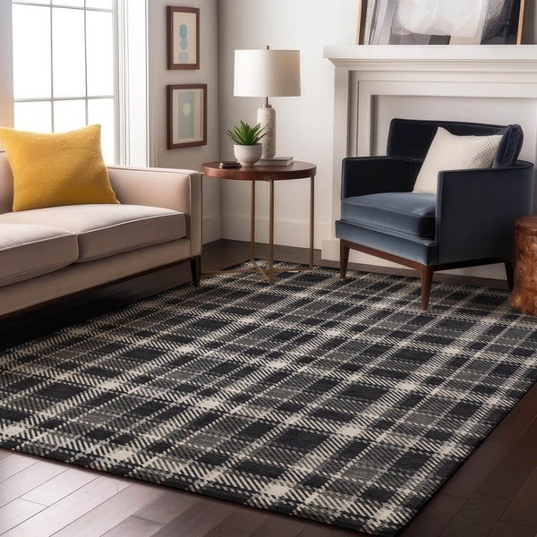 HomeRoots 10' X 14' Black And Ivory Plaid Washable Area Rug - Durable, Stylish, UV-Protected for Busy Homes 649426