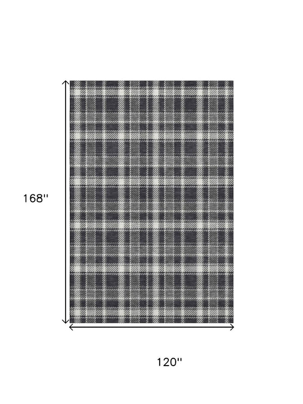 HomeRoots 10' X 14' Black And Ivory Plaid Washable Area Rug - Durable, Stylish, UV-Protected for Busy Homes 649426