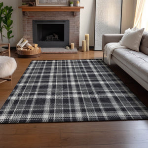 HomeRoots 10' X 14' Black And Ivory Plaid Washable Area Rug - Durable, Stylish, UV-Protected for Busy Homes 649426