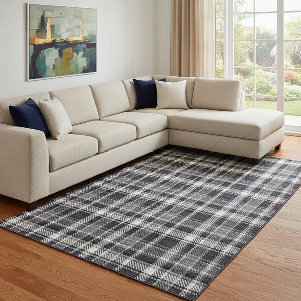 HomeRoots 10' X 14' Black And Ivory Plaid Washable Area Rug - Durable, Stylish, UV-Protected for Busy Homes 649426