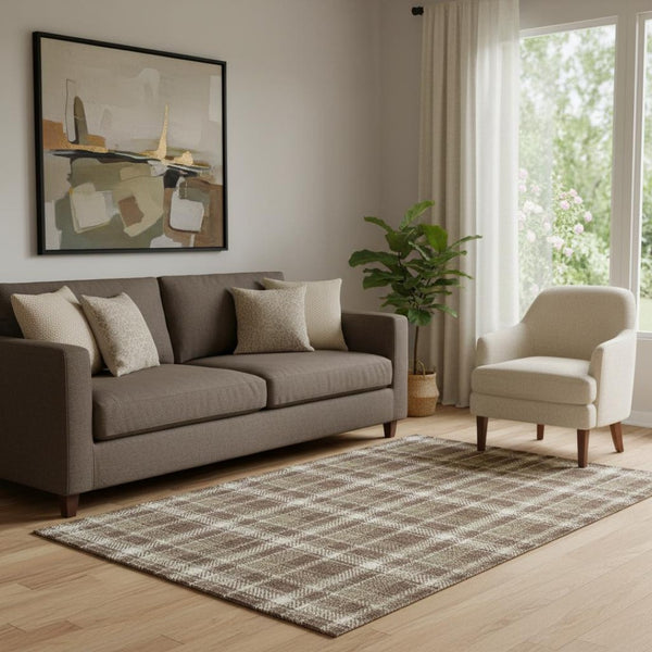 HomeRoots 5' Chocolate and Ivory Plaid Washable Area Rug - Durable, UV Protected, Perfect for Homes with Kids & Pets 649428