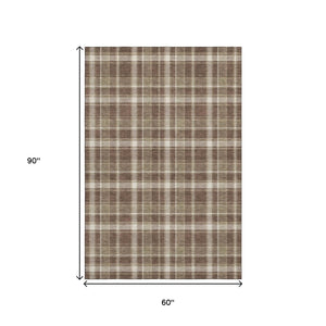 HomeRoots 5' Chocolate and Ivory Plaid Washable Area Rug - Durable, UV Protected, Perfect for Homes with Kids & Pets 649428