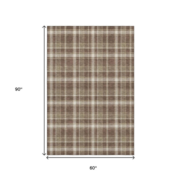 HomeRoots 5' Chocolate and Ivory Plaid Washable Area Rug - Durable, UV Protected, Perfect for Homes with Kids & Pets 649428