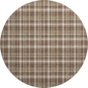 HomeRoots 8' Chocolate and Ivory Plaid Washable Round Rug - UV Protected, Durable, Non-Slip for Indoor & Outdoor Use 649429